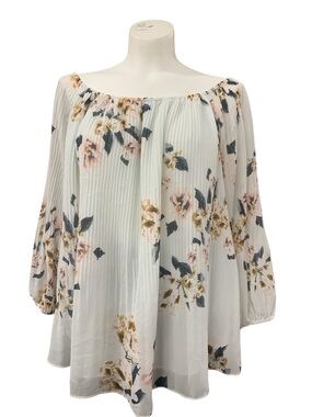 Tribal Jeans Floral Off-Shoulder Pleated Tunic Top in Light Blue Size L